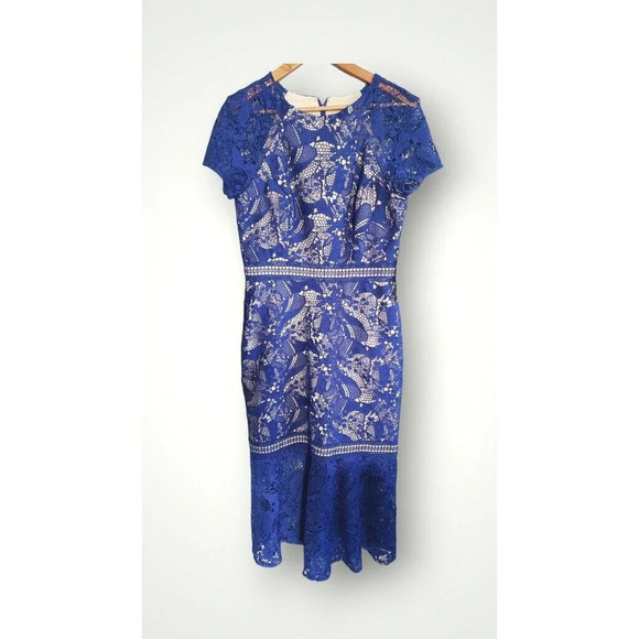 Kay Unger Dress Women's Size 8 Blue Tatum Floral Lace Midi Lined Event NWT - Picture 1 of 10